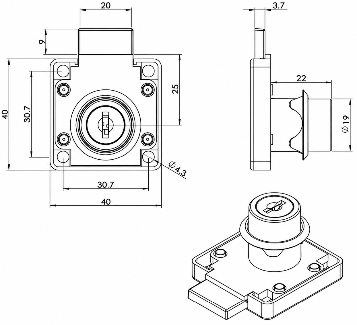 Serrure boîte de haute qualité, surface : noire, ⌀19 mm (3/4"), version : fermeture à gauche, 14.01.062-5. Serrure robuste à visser pour portes d’armoires, portes de meubles, armoires de bureaux, classeurs et bien plus encore, par SISO Danemark – Image 4