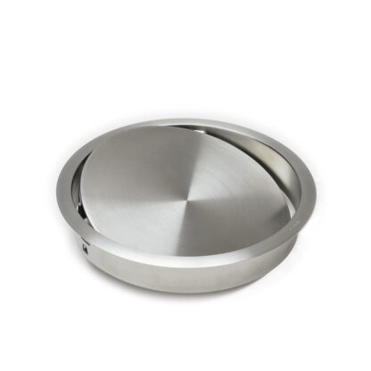 Trappe à bonde de haute qualité avec fermeture amortie, en acier inoxydable, surface : mat satiné, 220 mm (8-21/32"), version : ronde, AD-GD020-HL. Trappe à vidage automatique en acier inoxydable, pour meubles de cuisine et bien plus encore, par Sugatsune / LAMP® (Japon) – Image 2