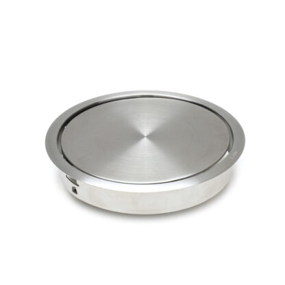 Trappe à bonde de haute qualité avec fermeture amortie, en acier inoxydable, surface : mat satiné, 220 mm (8-21/32"), version : ronde, AD-GD020-HL. Trappe à vidage automatique en acier inoxydable, pour meubles de cuisine et bien plus encore, par Sugatsune / LAMP® (Japon)