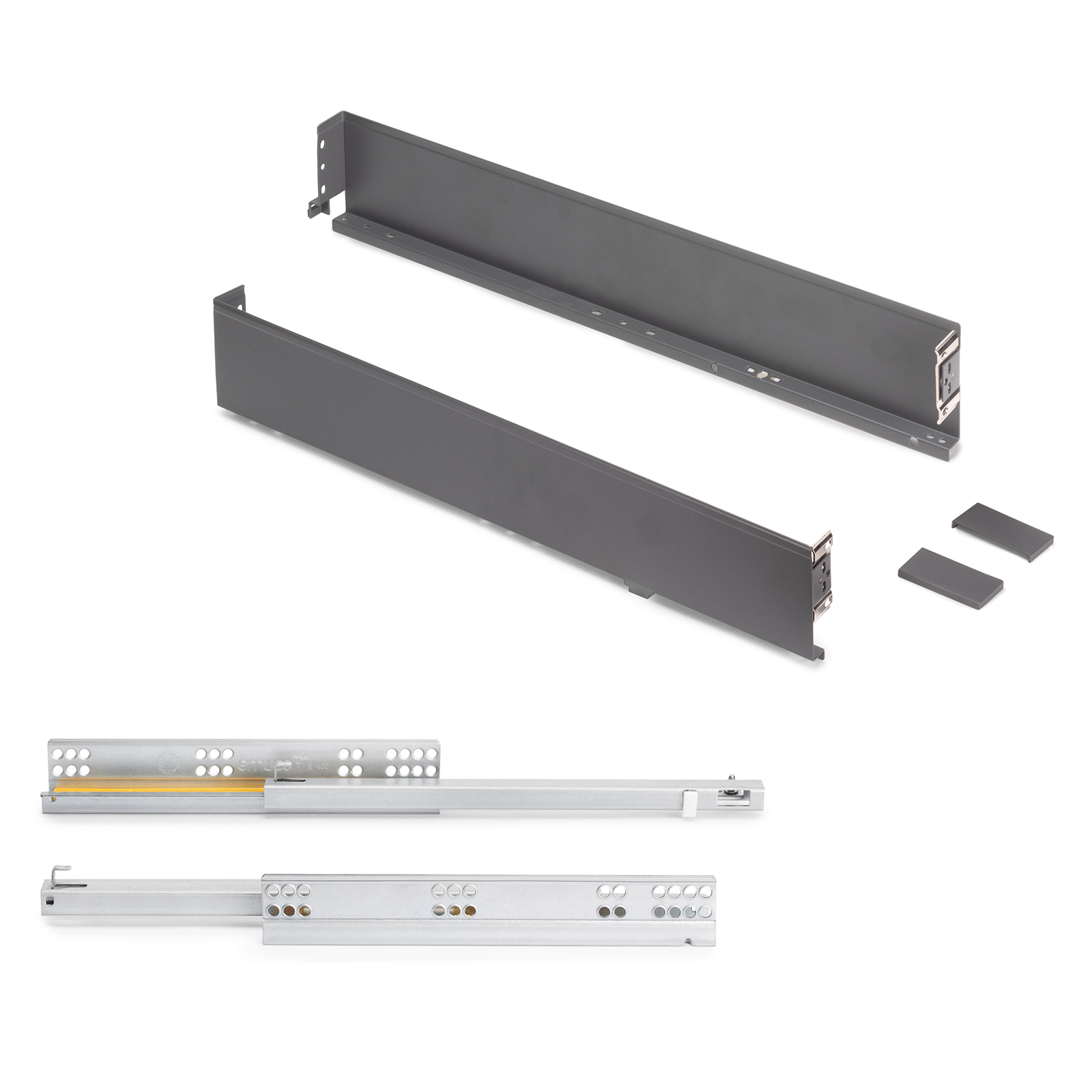 Ensemble de tiroirs, avec cadres extra fins, hauteur : 88 mm (3-15/32 »), surface : gris anthracite, 490 mm (19-19/64 »), version : semi-ouvrable avec ouvrage poussable, 3275435. pour meubles de cuisine et bien plus encore, par EMUCA