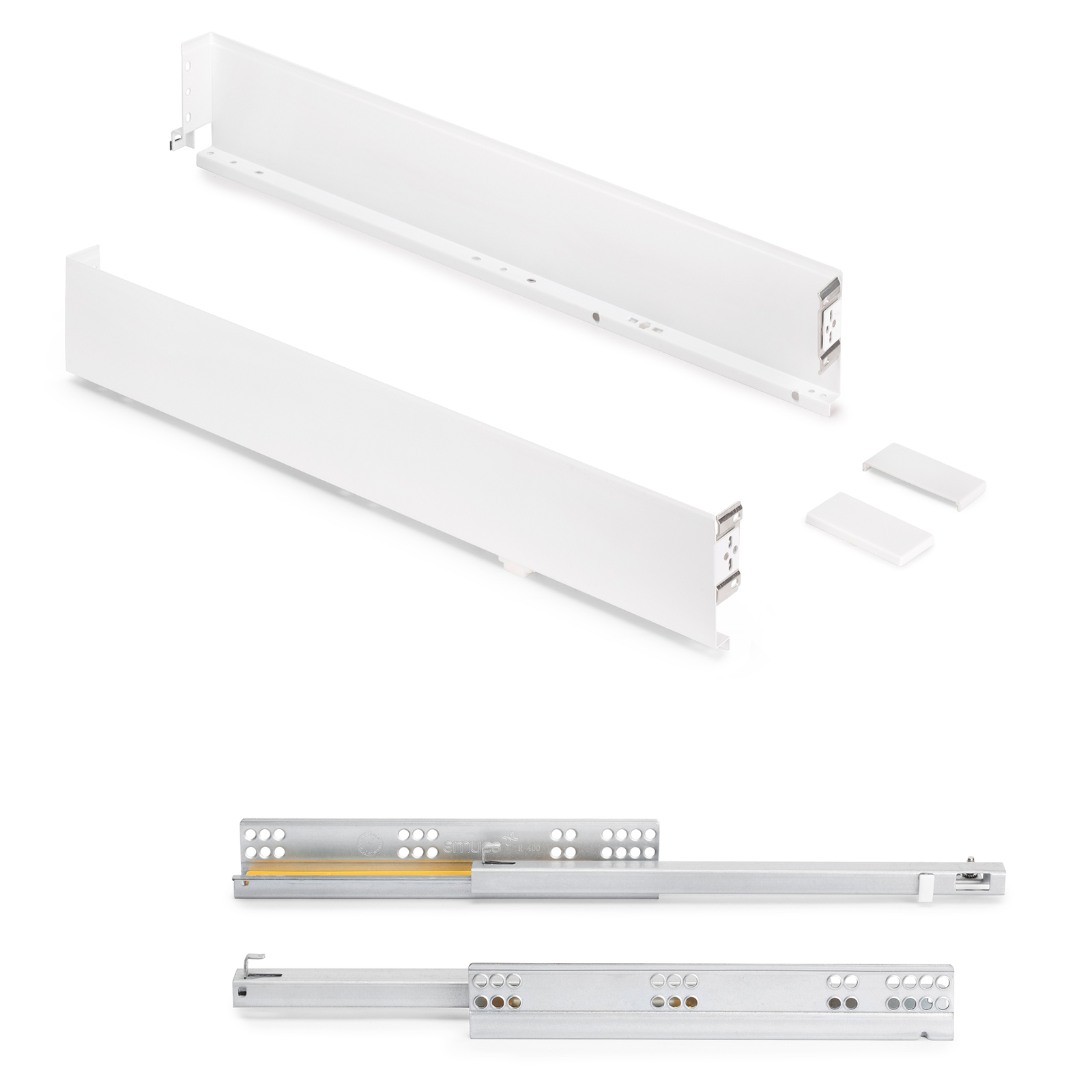 Ensemble de tiroirs, avec cadres extra fins, hauteur : 88 mm, 3275412, profondeur de tiroir : 490 mm, par EMUCA, blanc, version : extension partielle avec pousse-à-ouvrir. Image du produit