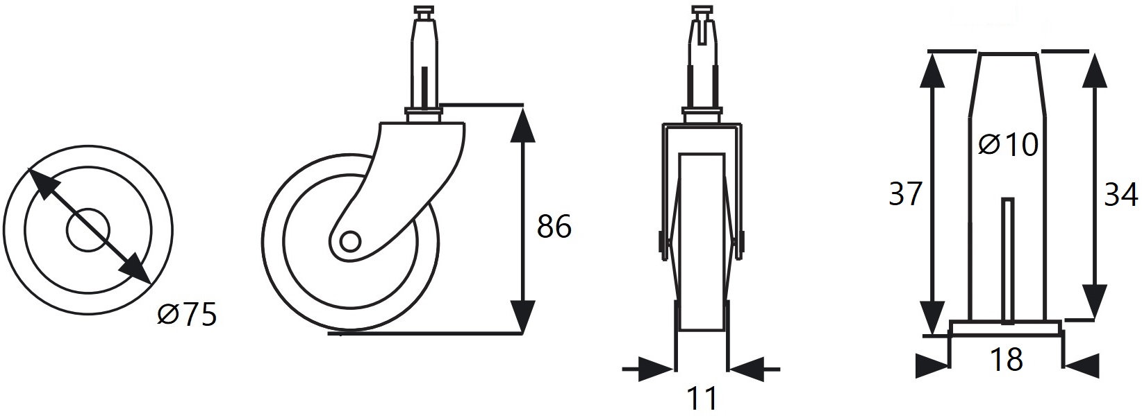 4 pièces de rouleau classique de chariot à thé, capacité de charge : 60 kg (133 lbs), surface : nickelée, ⌀75 mm (2-61/64"), 08.01.110-1. Rouleau de chariot de service de haute qualité pour chariots à thé, chariots de service, chariots latéraux et bien plus encore, provenant de SISO Danemark – Image 3